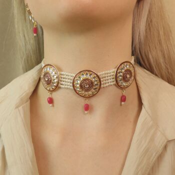 Red Round Kundan Ethnic Pearl Bridal Choker Set, 4 of 11