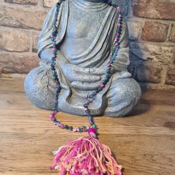 Pink And Green Crystal Mala Beads Necklace With Tassel, 6 of 7