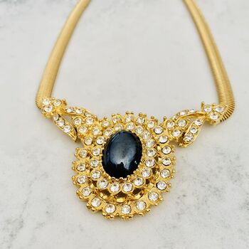 Vintage 1980s Goldplated Black Cabochon Crystal Pendant, 4 of 8