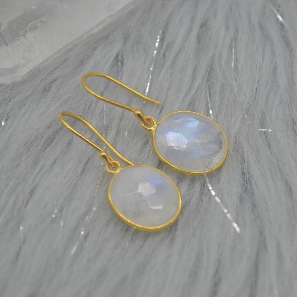 Rainbow Moonstone Gold Drop Earrings: June Birthstone, 1 of 8