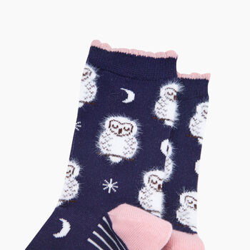 Sleeping Barn Owl Fluffy Bamboo Socks In Navy Blue, 2 of 4