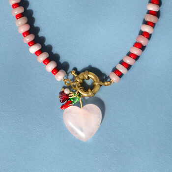 Rose Quartz Gemstone Gingham Necklace With Heart And Fruit Charms, 2 of 9