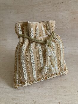 Gold Velvet Pearl Handcrafted Potli Bag/Wrist Bag, 3 of 8