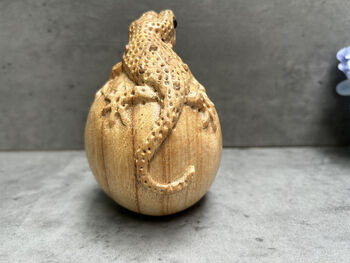 Hand Carved Wooden Gecko On Egg Ornament Figurine Gift, 10 of 12