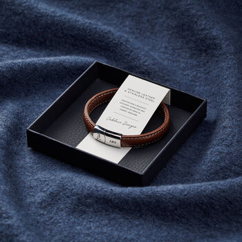 Personalised Men's Three Year Anniversary Leather And Steel Bracelet, 5 of 5