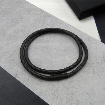 Men's Single Or Double Strand Slim Woven Leather Black Clasp Bracelet, 2 of 5