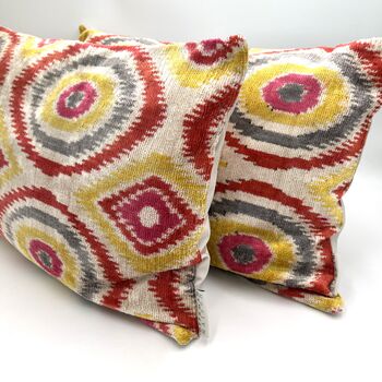 Oblong Ikat Velvet Cushion Coral Circles, 4 of 8