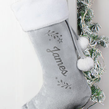 Personalised Holly Grey Luxury Christmas Stocking, 3 of 3