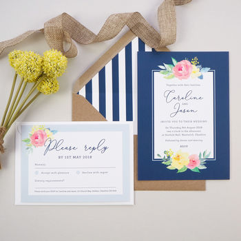 Caroline Navy Floral Wedding Invitations, 3 of 4