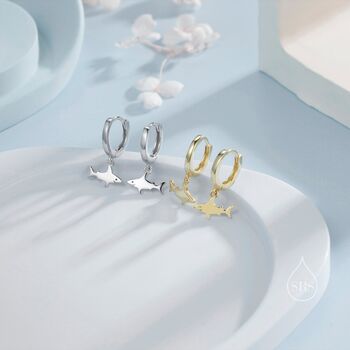 Sterling Silver Tiny Shark Fish Huggie Hoop Earrings, 3 of 10