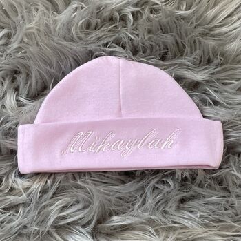 Personalised Embroidered Baby Pink Newborn Hat, 4 of 8