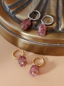 Strawberry Quartz Lily Twisted Huggie Hoop Earrings, 8 of 11