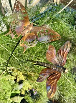 Set Of Two Copper Insect Garden Stakes – Butterfly And Dragonfly On Curved Poles, 2 of 7