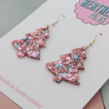 Large Pink And Blue Christmas Tree Earrings, 4 of 4