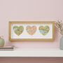 Three Map Hearts Golden Wedding Anniversary Wall Art, thumbnail 1 of 2