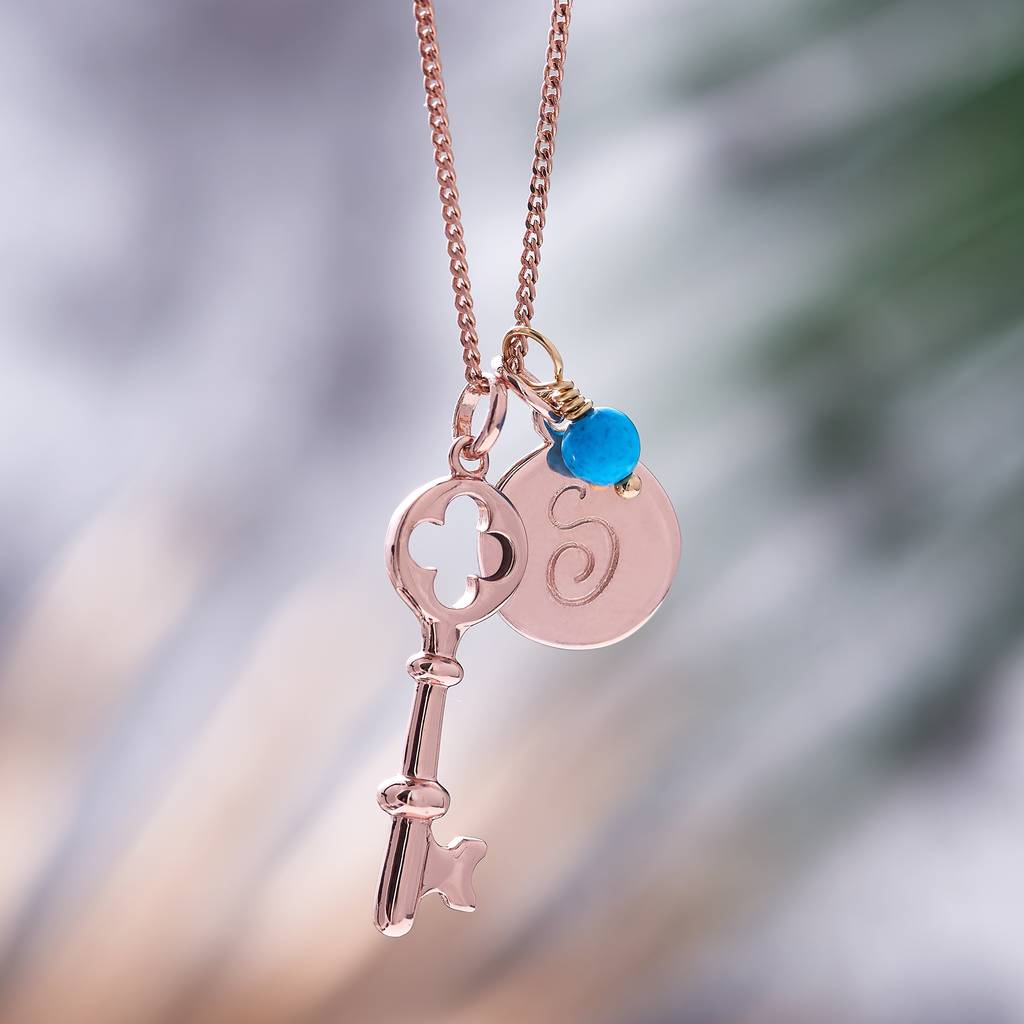 Key Necklace In Rose Gold Vermeil With Real Birthstones, 1 of 7
