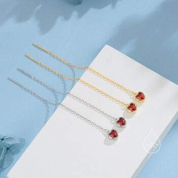 Tiny Garnet Red Cz Heart Threader Earrings, 9 of 12