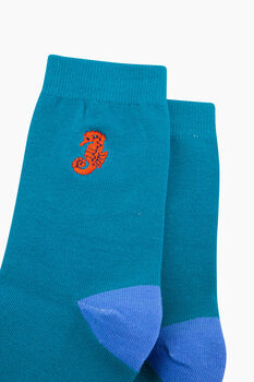 Embroidered Seahorse Combed Cotton Socks In Teal, 2 of 4