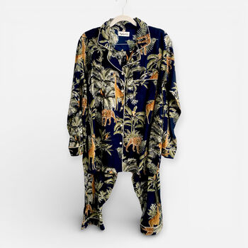 Giraffe And Leopard Print 100% Cotton Ladies Pyjamas In Dark Blue, 2 of 3