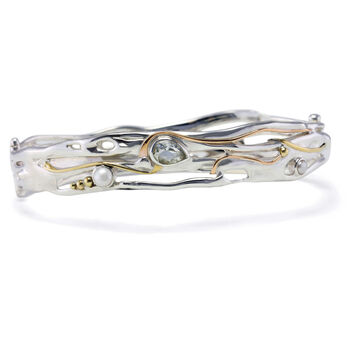 Fluid Green Amethyst And Pearl Silver Bangle, 3 of 6