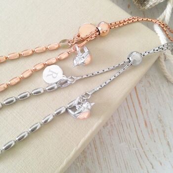 Personalised Rose Gold Seed Slider Bracelet With Baby Robin, 2 of 5