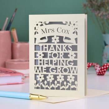 Personalised Papercut Teacher Card Thanks For Helping Me Grow, 2 of 6