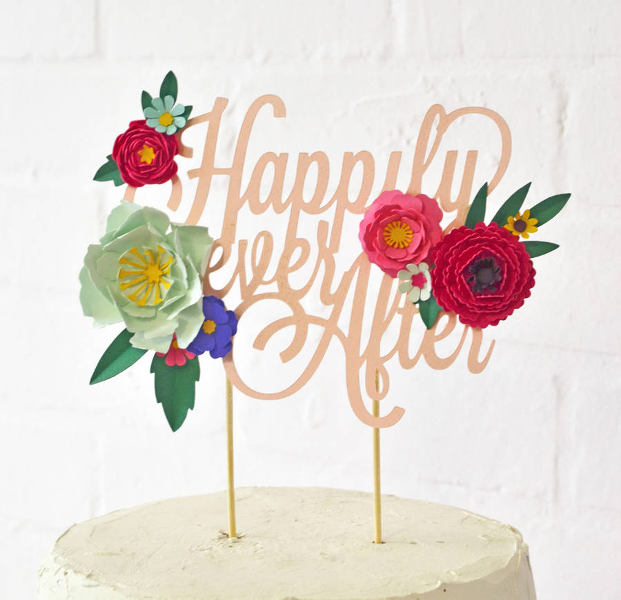 handmade 'happily ever after' paper flower cake topper by may contain