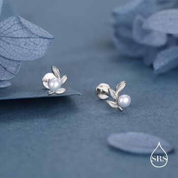 Sterling Silver Pearl Leaf 16 G Flat Back Earrings Internally Threaded, 4 of 11