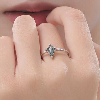 Sterling Silver One Carat Rhombus Cut Moss Agate Classic Single Stone Engagement Ring, 2 of 12