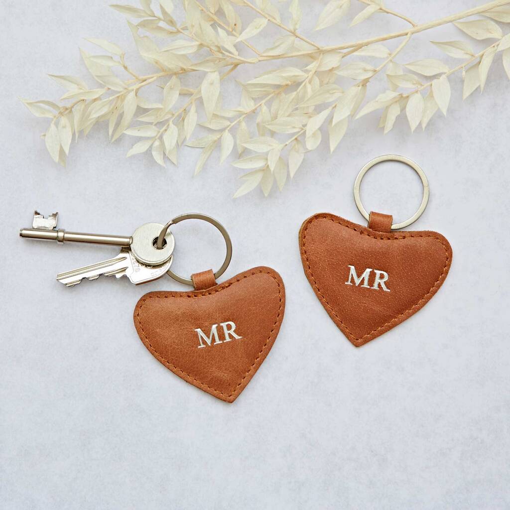Mr And Mr Same Sex Couple Leather Heart Keyring Set, 1 of 4