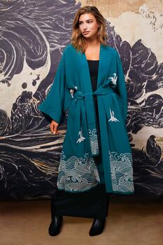 Origami And Hokusai Wave Embroidered Deep Teal Long Kimono, 4 of 12