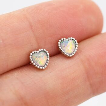 Sterling Silver Tiny Opal Heart Stud Earrings, 3 of 11