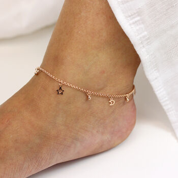 Sterling Silver Star Moon Multi Dangle Anklet, 5 of 6