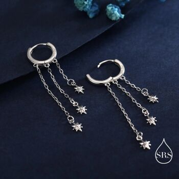 Sterling Silver Delicate Starburst Cascade Dangle Huggie Hoop Earrings, 6 of 11