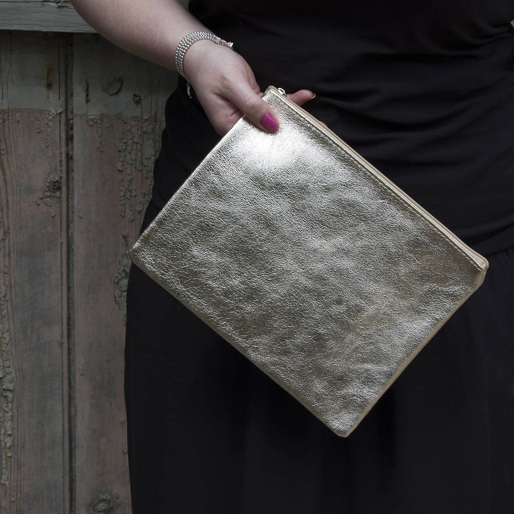 Large Metallic Leather Clutch Purse With Zip By Grace & Valour