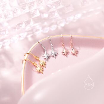 Minimalist Starburst Dangle Drop Hook Earrings In Sterling Silver, 2 of 11