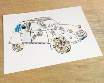 Citroen Two Cv French Car Hand Drawn Illustration Print, 2 of 5