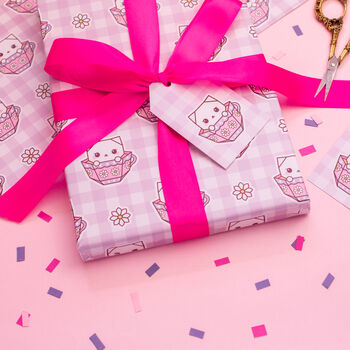 Gingham Teacup Cat Wrapping Paper With Tags, 7 of 7