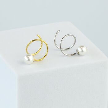 Sterling Silver Pearl Spiral Hoop Earrings, 3 of 6