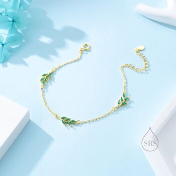 Emerald Green Cz Leaf Motif Bracelet, 6 of 12