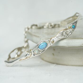 Handmade Dainty Silver Blue Fire Opal Flower Bracelet, 5 of 8
