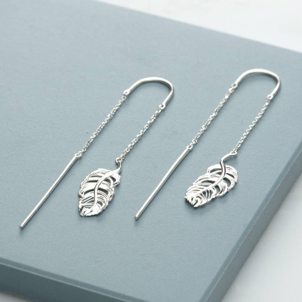 Sterling Silver Feather Threader Dangle Earrings By Lily Charmed