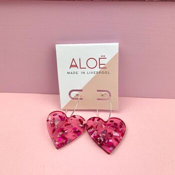 Pink Acrylic Shimmer Fleck Heart Hoops, 3 of 3