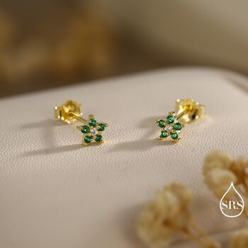 Emerald Green Forget Me Not Flower Cz Stud Earrings In Sterling Silver, 4 of 12