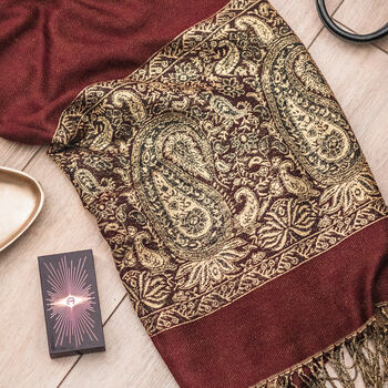 Warm Chocolate Paisley Border Pashmina With Tassels, 2 of 2