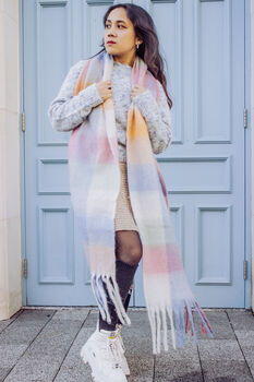 Pink Blue Plaid Warm Wrap Scarf, 7 of 8