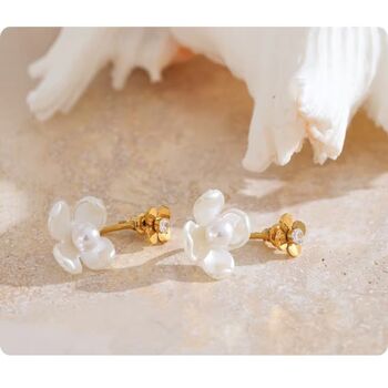 Monaco D’or Gold Pearl Daisy Flower Drop Hoop Earrings, 3 of 3
