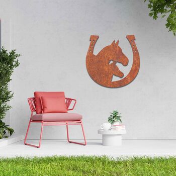 Rusted Metal Horse Garden Wall Art Horseshoe Design, 7 of 9