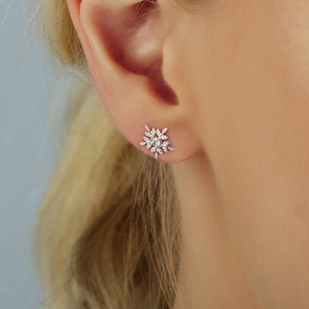 Sterling Silver Glistening Snowflake Studs Or Necklace, 1 of 9