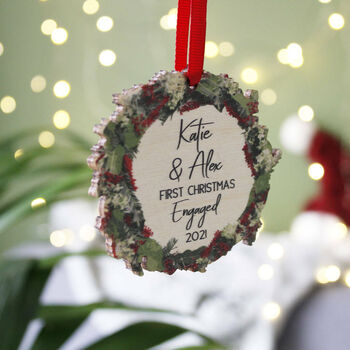 First Christmas Engaged Wooden Wreath Decoration Ornament, 5 of 6